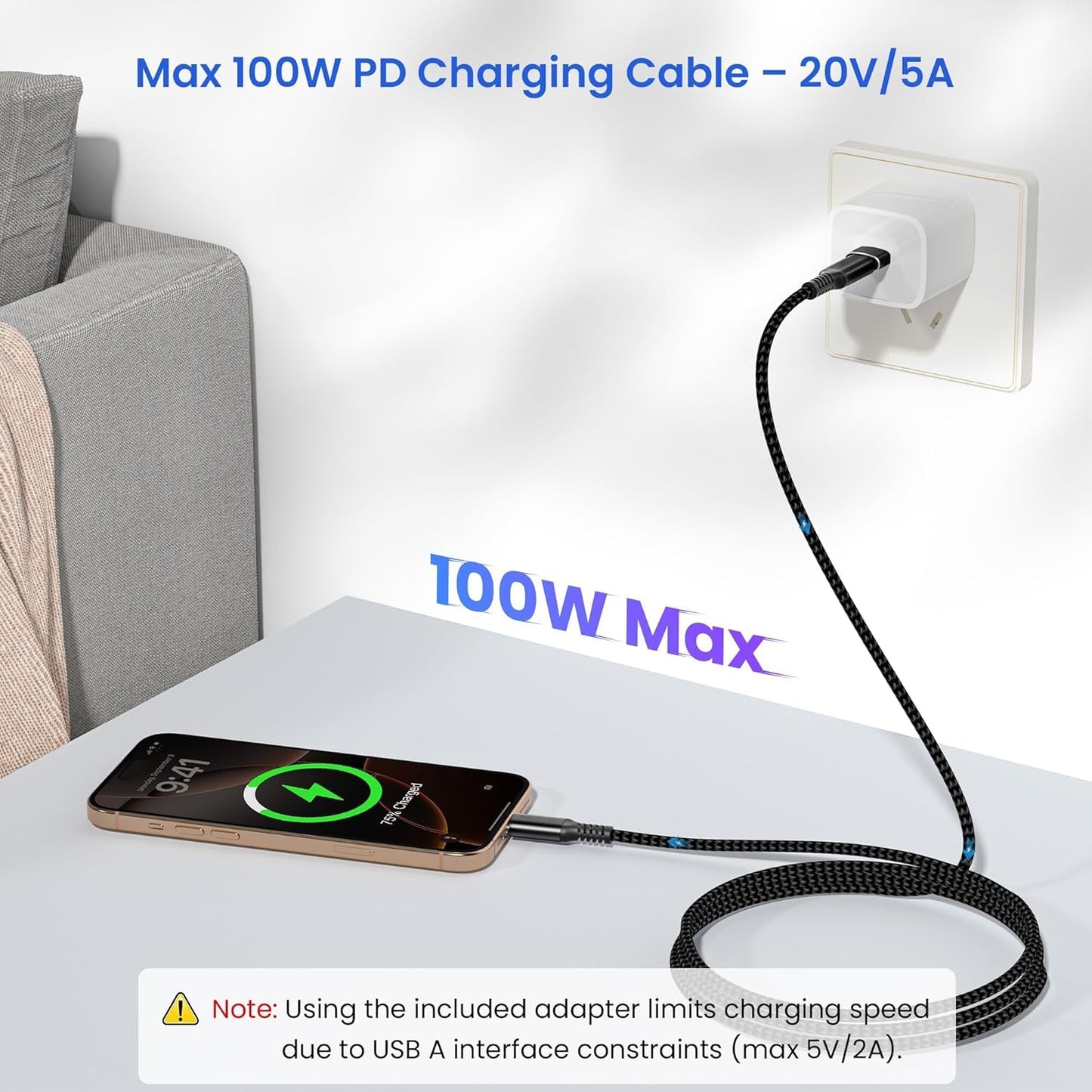 Elebase USB Type C to C 100W Cable 10FT with USB Adapter,Fast Charging PD Charger Cord for iPhone 16 15 Pro Max Plus,Samsung Galaxy S23 S24,Car Play,MacBook Mac,iPad 9 10,Z Flip Fold 4 5,Ultra,A53 A54