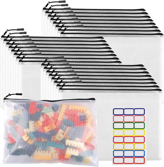24pcs Large Mesh Zipper Pouch File Bags YOPCDJ Reusable Zippered Pouches for Organizing Classroom, Board Game Storage, Puzzle Bags Black