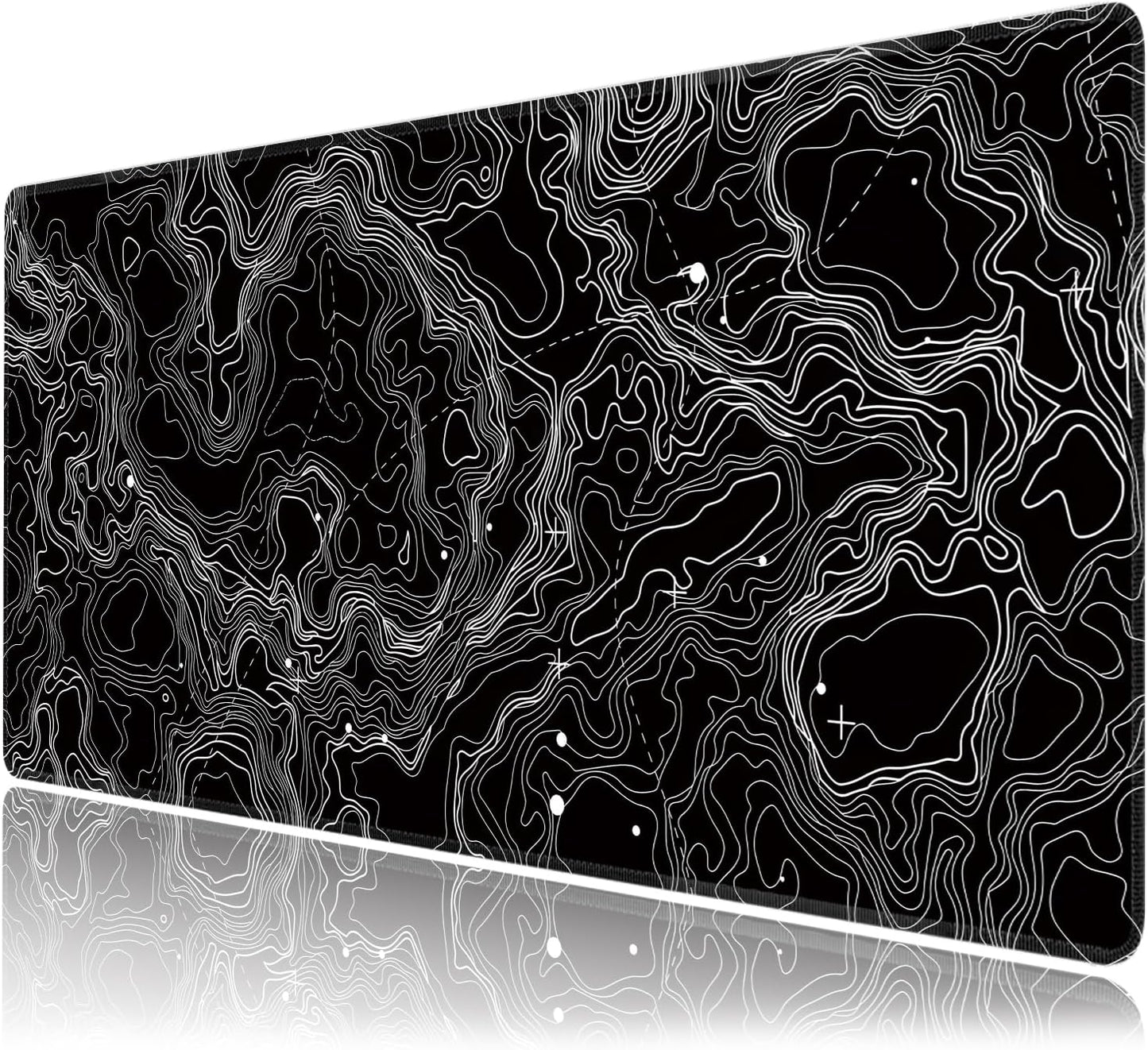 Black with White Topographic Line Large Mouse Pad,Gaming Keyboard Desk Pad,Extended Mouse Mat Non-Slip Rubber Base with Stitched Edges for Office Game Home XXL 35.4"x15.7"