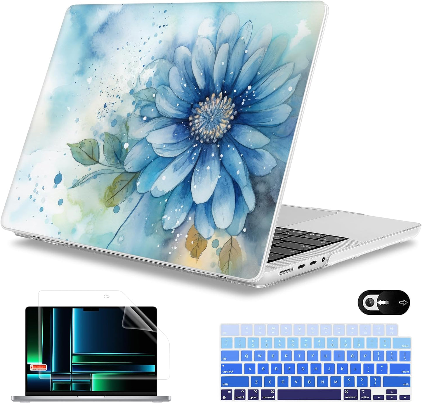 Mektron Case for MacBook Pro 16" M4 A3403 A3186 M3 A2991 M2 A2780 M1 A2485 (2021/2023/2024) Pro/Max with Touch ID, Hard Shell Plastic Laptop Cover Keyboard Cover, Watercolor Blue Flower