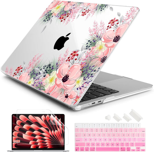 Batianda Premium Case for New MacBook Air 15 inch 2025 M4 2024 2023 with M3 M2 Chip Model A3241/A3114, Designed Protective Plastic Hardshell & Keyboard Cover & Screen Protector, Beautiful Floral