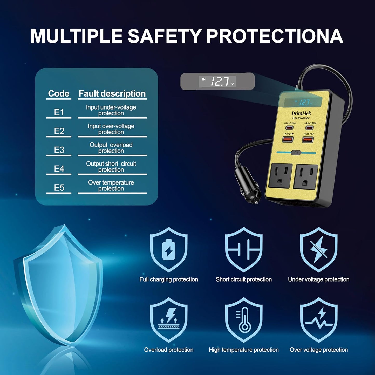 300W Car Power Inverter - Dual DC 12V to 110V AC Car Outlet Adapter, 65W USB-C Fast Charging Ports, Portable Car Charger with LCD Screen and On and Off Control，for Laptops, Phones