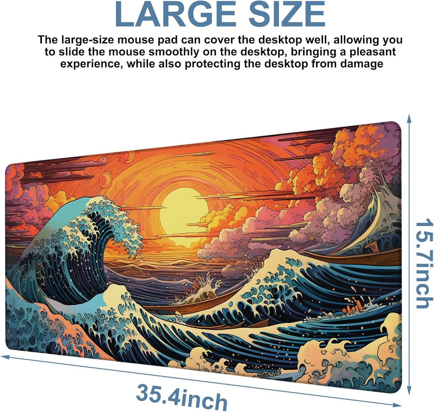 Gaming Desk Pad Large Extra Length Japanese Blue Waves Mouse Pad Keyboard Laptop Non-Slip Waterproof with Rubber Base Thick Stitched Edge Mouse Mat for Office Home 35.4 x 15.7 Inches