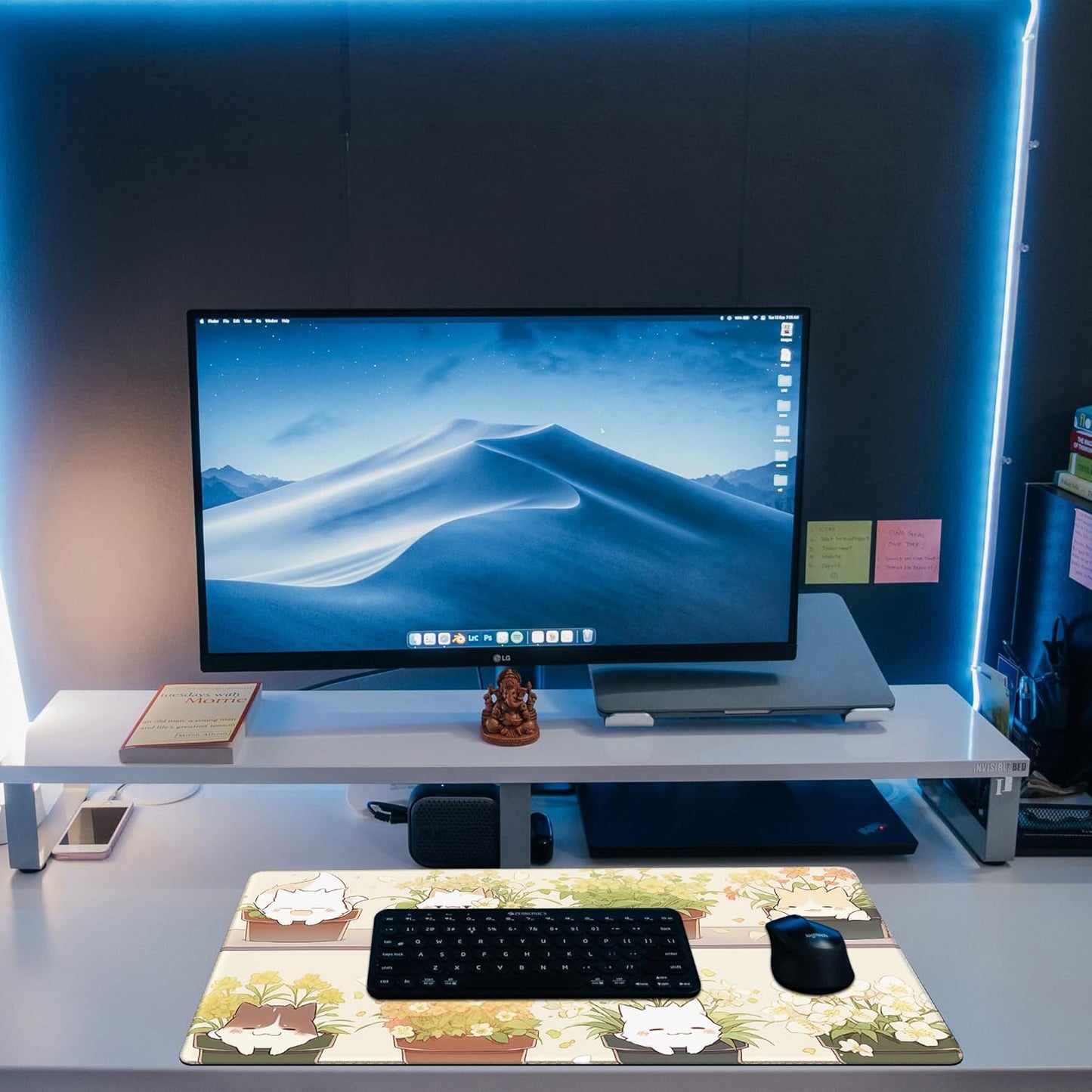 Desk Pad, Cute Cat Potted Plant Desk Mat, Anime Kawaii Cat Large Gaming Mouse Pad for Desk, 31.5"x15.7" Extended Big Computer Keyboard Mouse Pad with Non-Slip Base and Stitched Edge