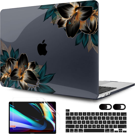 MEEgoodo Case for MacBook Pro 13 inch, Laptop Hard Shell with Keyboard & Camera Cover, Golden Lilies