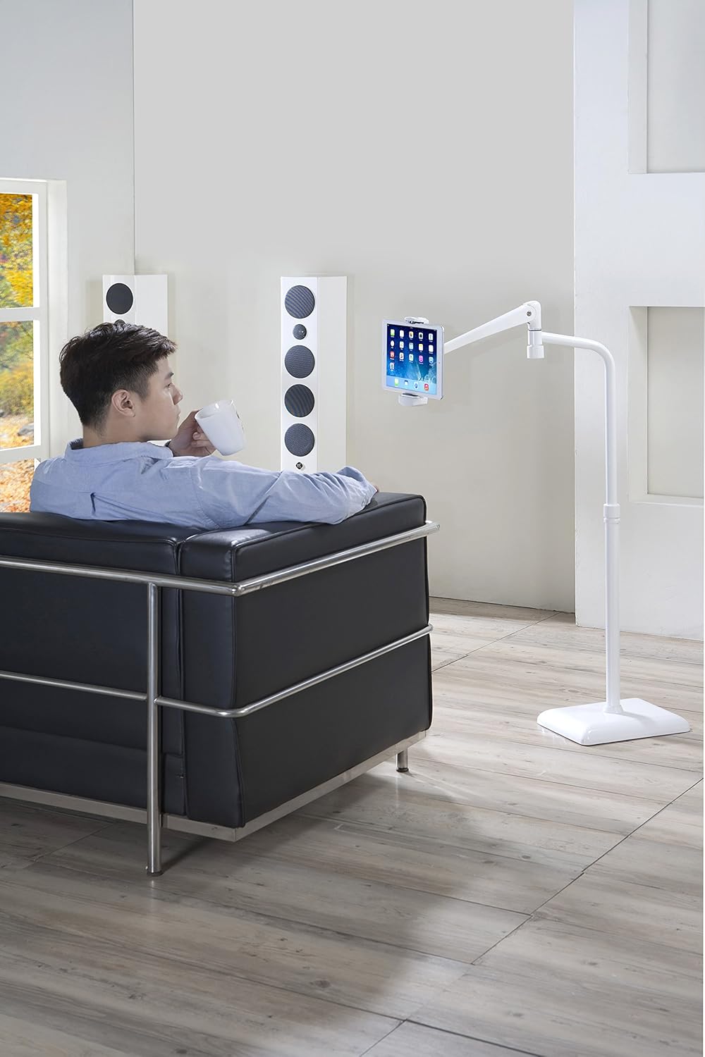 IDEE Tablet Floor Stand with 10lb Heavy Duty Base, 360 Degree Adjustable Tall Holder for Bed Compatible up to 13inch Kindles, iPads, and Tablets, White