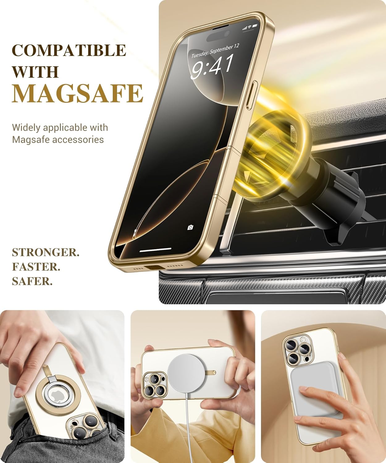 BERFY Magnetic for iPhone 16 Pro Max Case, Compatible with MagSafe, [Built-in 9H Tempered Glass Screen Protector & Upgraded Camera Protection] Full Body Plating Phone case for 16 Pro Max,Titanium Gold
