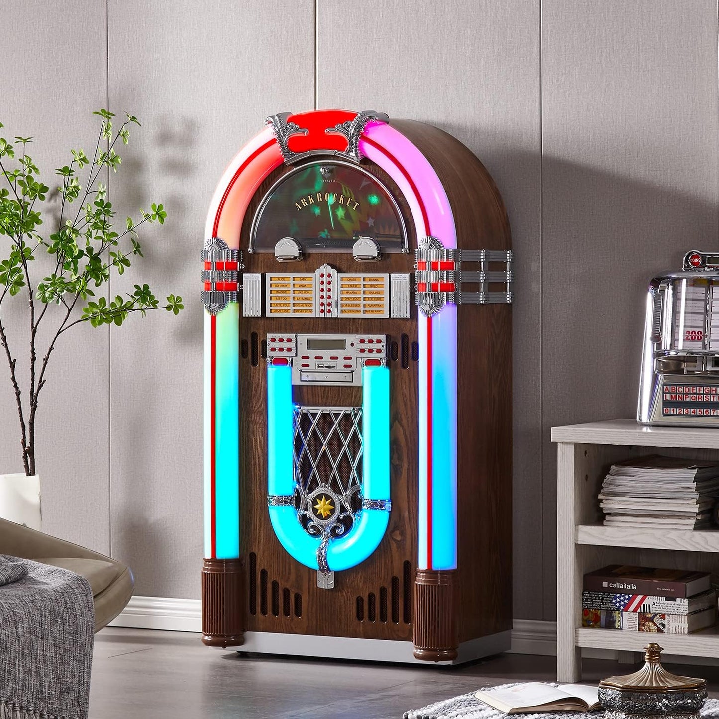 Arkrocket Saturn V Full Size Jukebox Vinyl Record Player Bluetooth USB SD CD Player Radio Retro Turntable Classic Jukebox 51 inch (Saturn V - Dark Oak)
