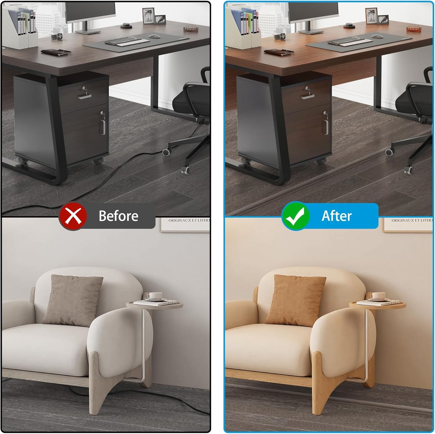 Floor Cord Cover 6ft, Cord Hider Floor Gray Wood, Cable Management Prevent Trips, Cable Cover Wire Covers for Electric Power Cords, Wire Protector Cavity W0.47in x H0.28in Grey