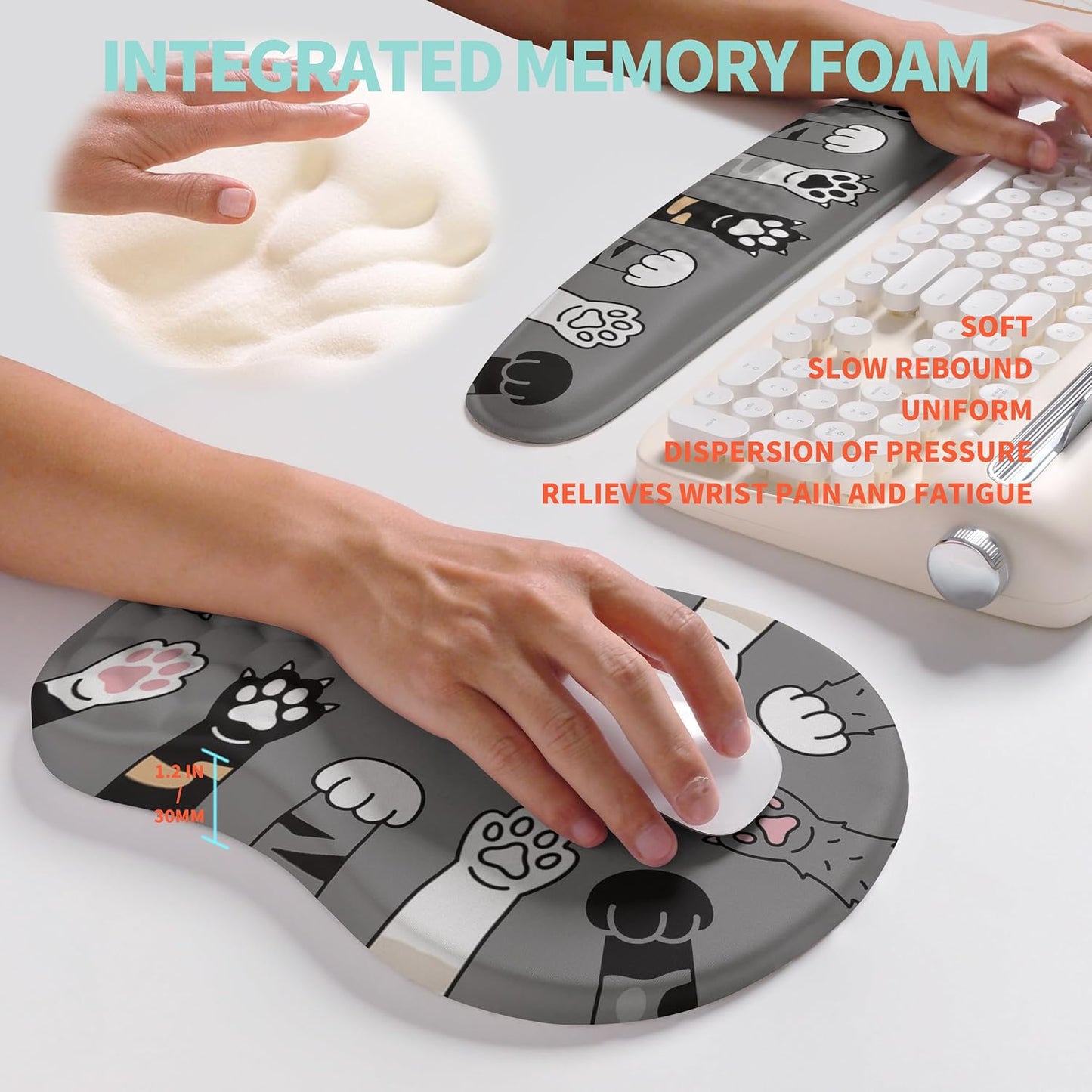 2-in-1 Ergonomic Set, Wave Rise Keyboard Wrist Rest and Massage Bulge Slope Mouse Pad Wrist Support, Cushion Memory Foam Integrated to Relieve Wrist Pain, Cute Cat Paws