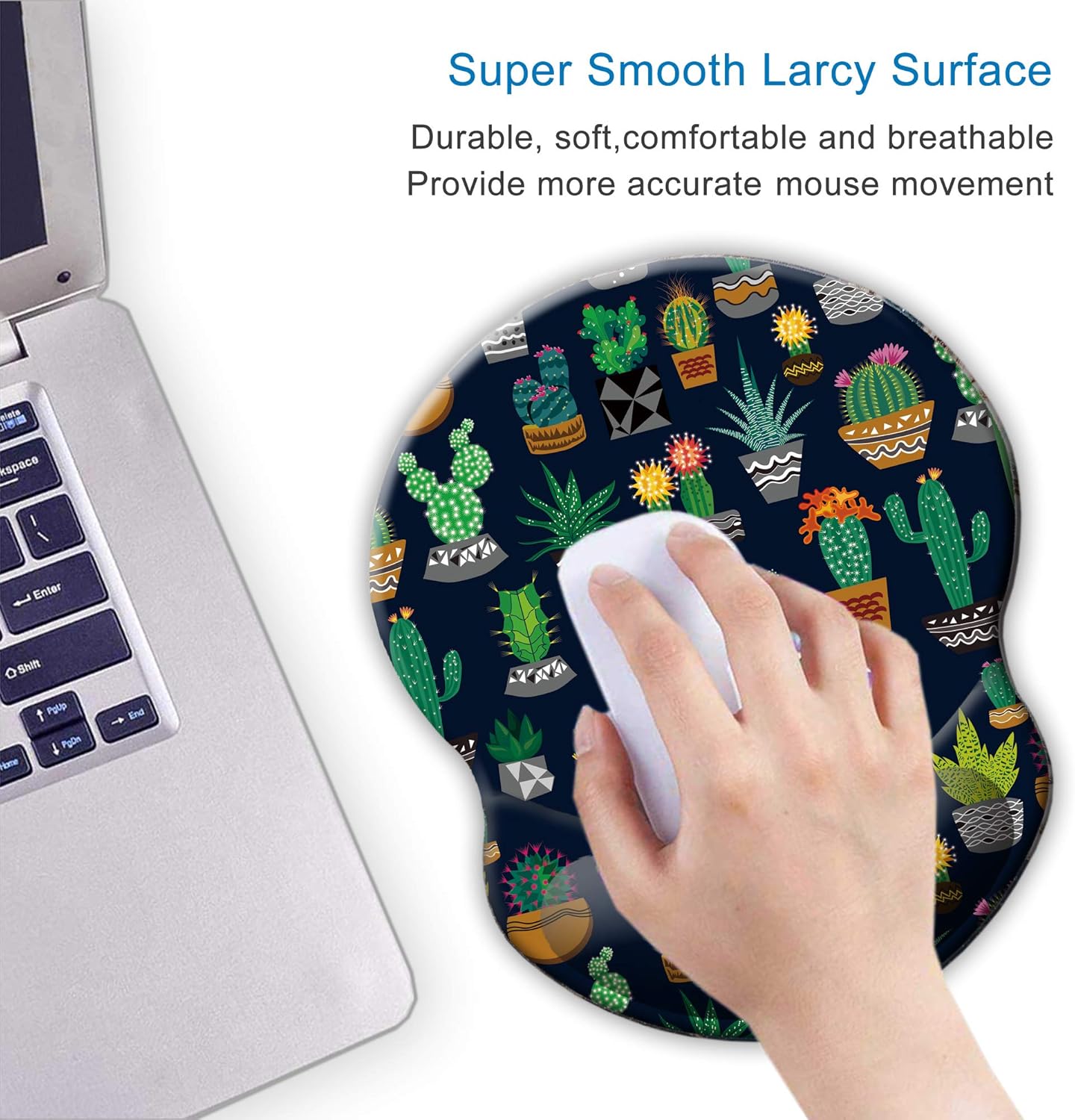 ITNRSIIET Ergonomic Mouse Pad with Gel Wrist Support Small Wrist Rest Smooth Surface Non-Slip PU Base Comfortable Office Supplies Pain Relief, 8.7 x 7.2 inches, Cute Cactus with Black Design