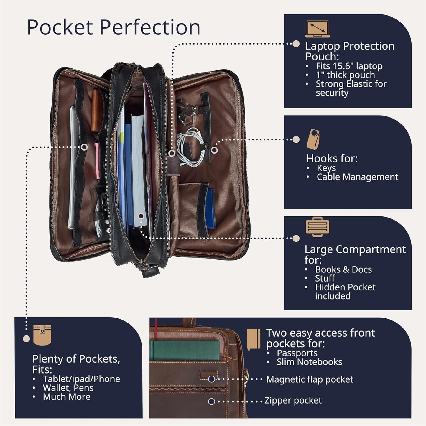 Luxorro Professional Leather Briefcase for Men with YKK Zippers – TSA-Friendly, Fits 17" Laptop, Handcrafted Full-Grain Leather, Ideal Executive Gift (Black)