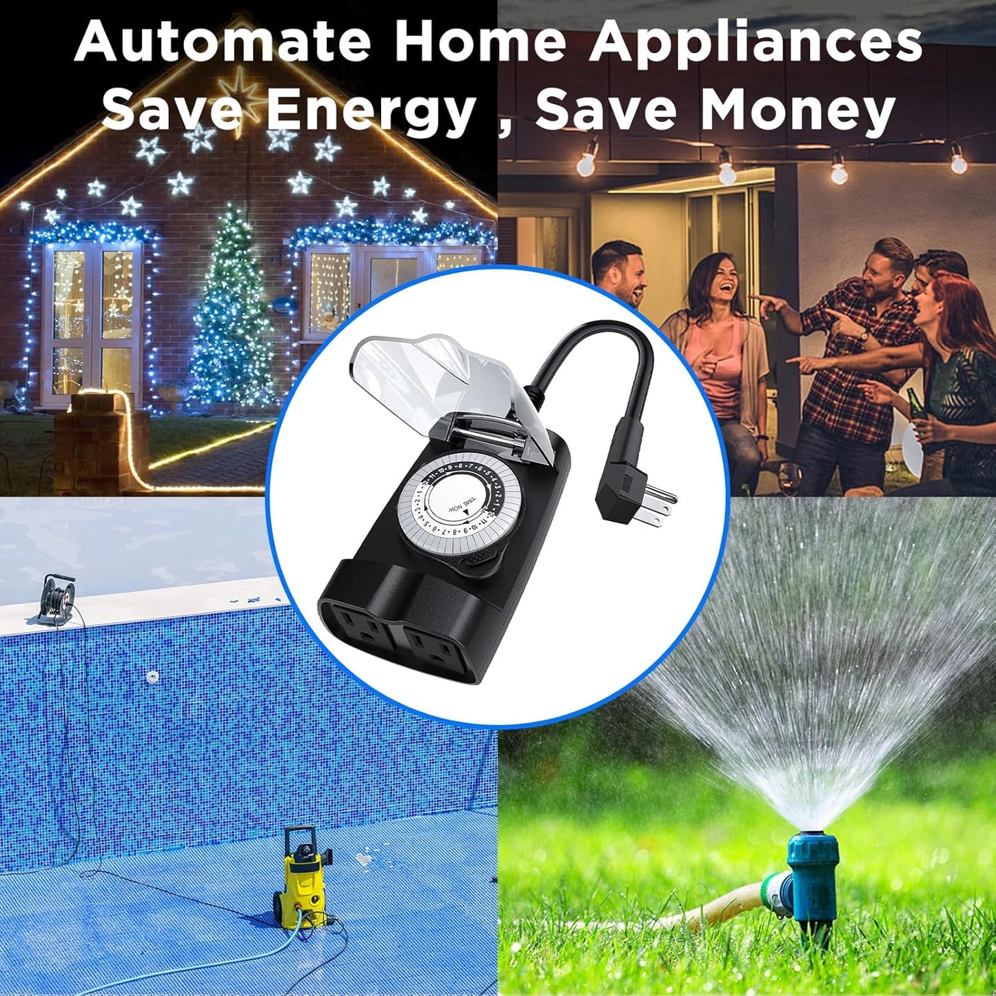 G-ELEK Outdoor Timer Waterproof, 24 Hour Light Timer, Timers for Electrical Outlets, Ideal for Pool Pump, Christmas Lights, Heavy Duty, 2 Grounded Outlets, ETL Listed, Black