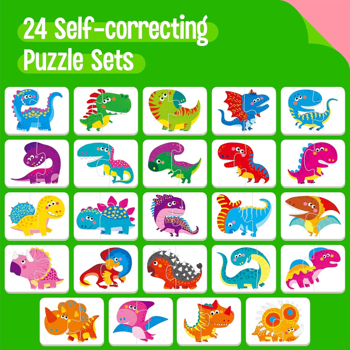 48 Dinosaurs Matching Puzzles with Error-Correction, Self-Correcting Puzzle Match Game Educational Matching Puzzles for Toddlers Kindergarten, Dinosaur-Themed Learning Games Toys for 3 Years Old