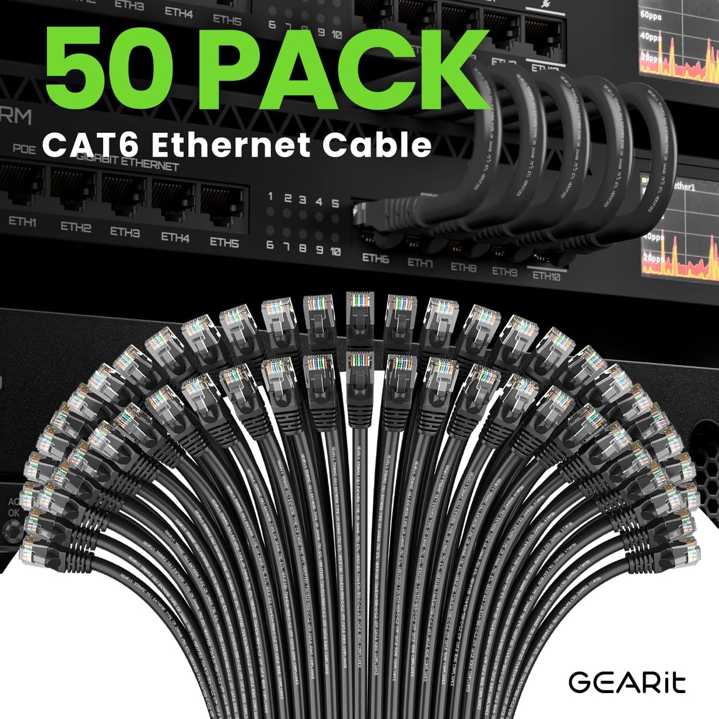 GEARit Cat 6 Ethernet Cable (50-Pack 2 Feet) Cat6 Network Patch, 10Gbps, RJ45, Snagless Cord, Gold-Plated Connectors, Internet for PC, TV, Tablet, Router, Printer, Servers, IT Data Center - Black