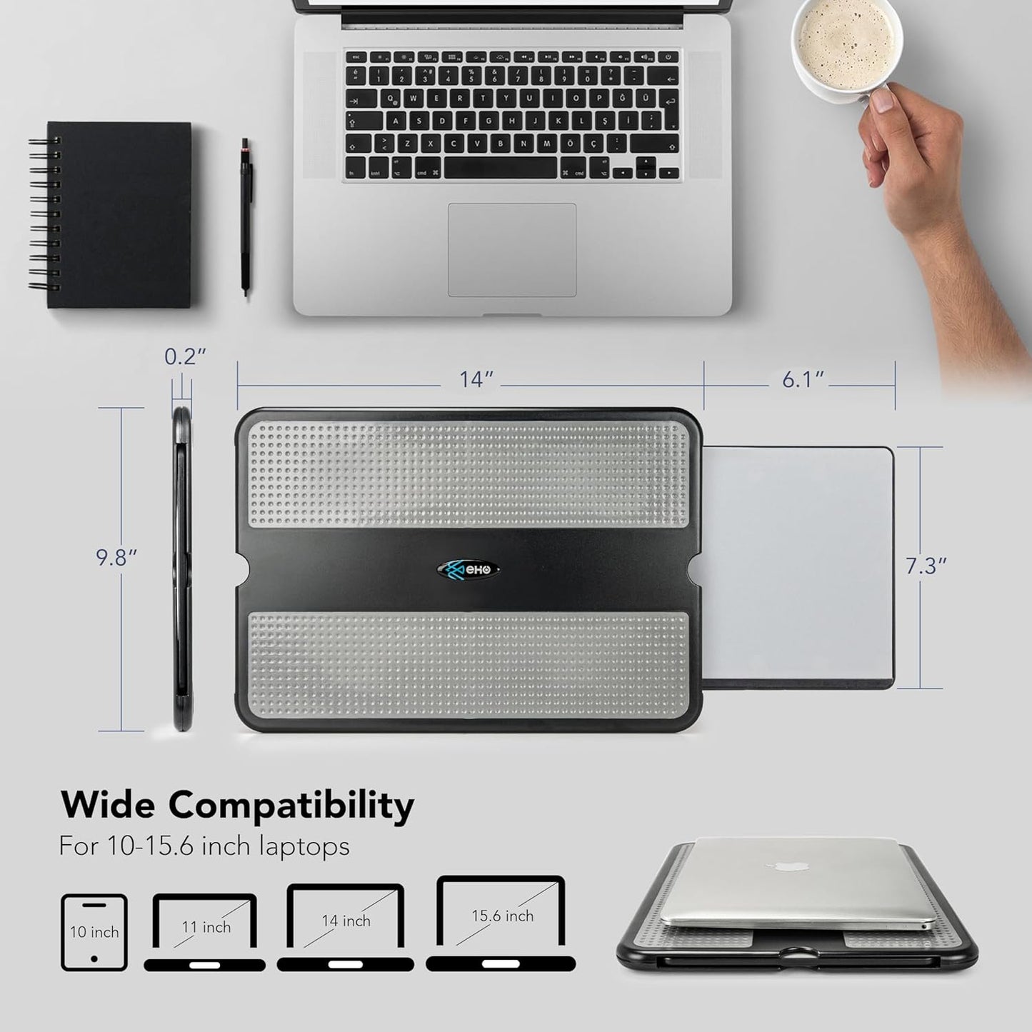 EHO Laptop Lap Pad - Laptop Stand Pad w Retractable Mouse Pad Tray, Anti-Slip Heat Shield Tablet Notebook Computer Stand Table w/Sturdy Stable Cooler Work Surface for Bed Sofa Couch or Travel