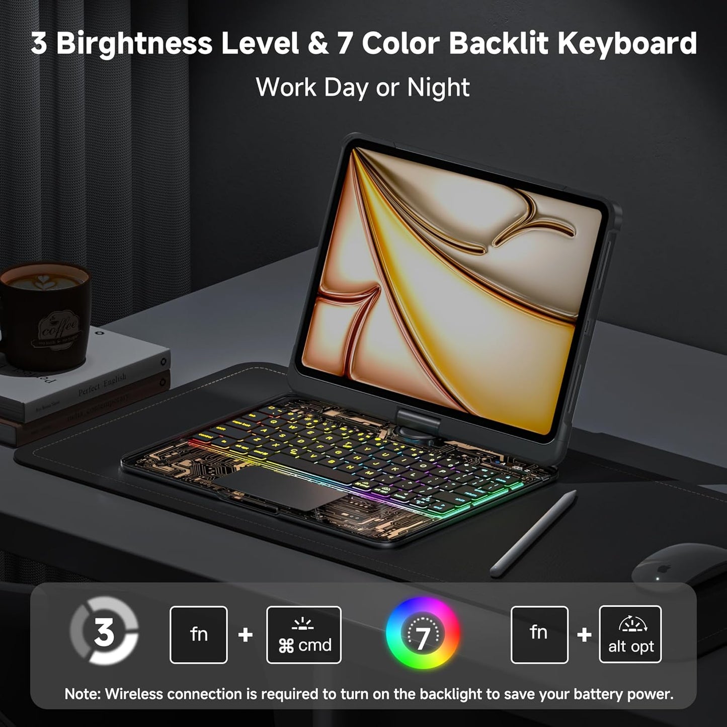 iPad Keyboard Case for iPad 10th Gen (2022) & 11th (A16, 2025), Magic Wireless Keyboard with Trackpad 7 Color Backlit, 360° Rotating Stand Transparent Protective Cover with Pencil Holder (Black)