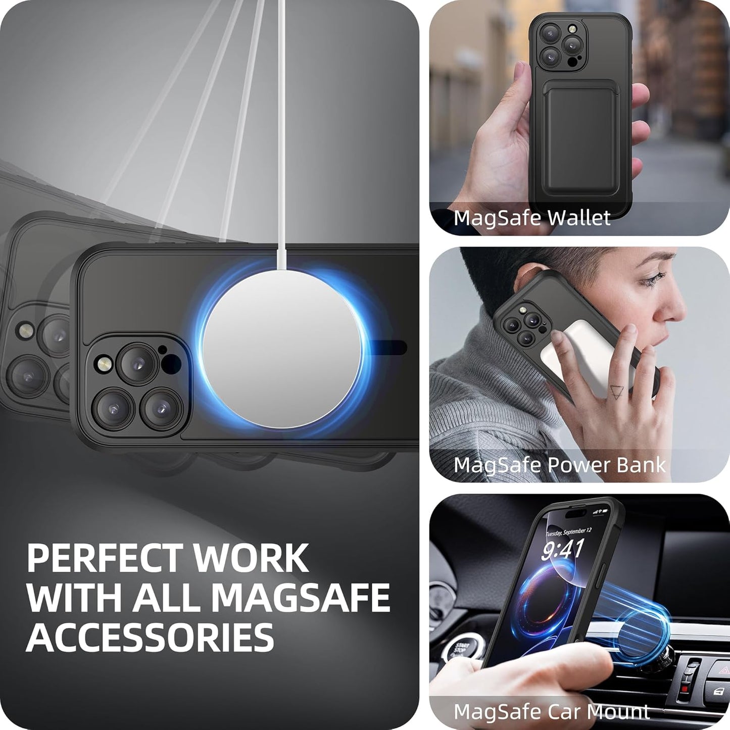 BERFY Magnetic for iPhone 16 Pro Max Case, Compatible with MagSafe, [Built-in 9H Tempered Glass Screen Protector & Upgraded Camera Protection] Full Body Shockproof Phone case for 16 ProMax,Black