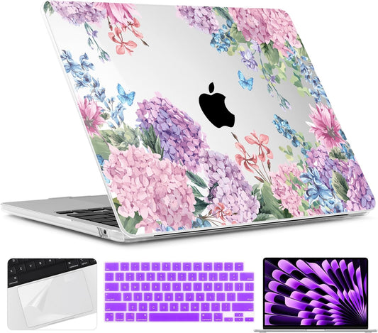 TWOLSKOO Compatible with M4 MacBook Air 15 inch Case 2025-2023 Released Model M4 A3241 M3 A3114 M2 A2941, Plastic Hard Shell & Screen Protector & Keyboard Cover & Trackpad Film, Colorful Hydrangea