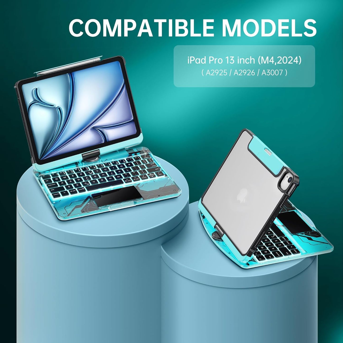 GUSGU Transparent Case with Wireless Keyboard only for 2024 iPad Pro 13-in.(M4), 7 Colors Backlight, Trackpad, 360°Rotating Stand for iPad Pro 13, Tech Style