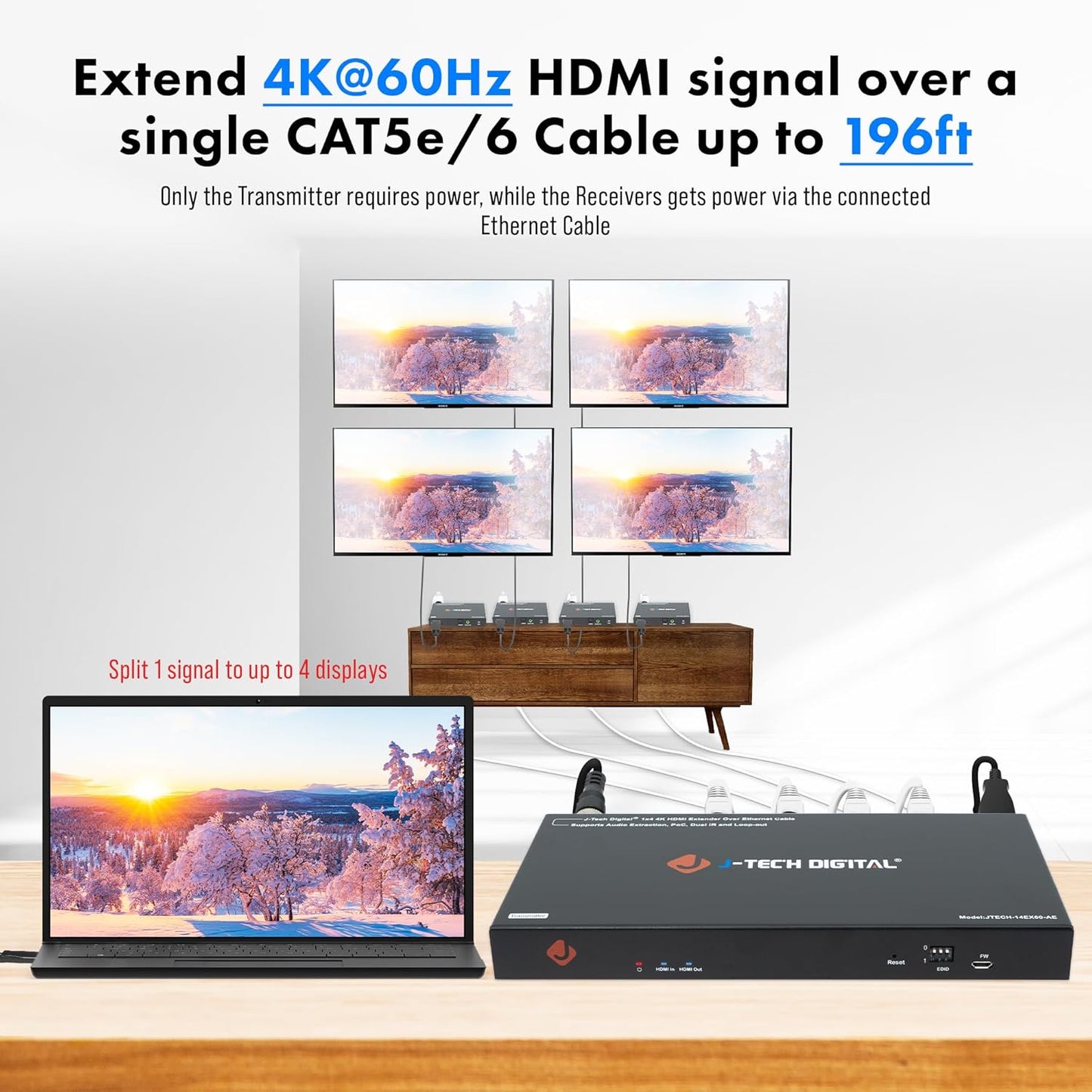 J-Tech Digital HDMI Extender Splitter 4K 60Hz 1 in 4 Out Over Single Cat5e/6 Ethernet Cable Up to 196ft. Supports 4K Downscale Audio Extraction PoC EDID Switch by [JTECH-14EX60-AE]