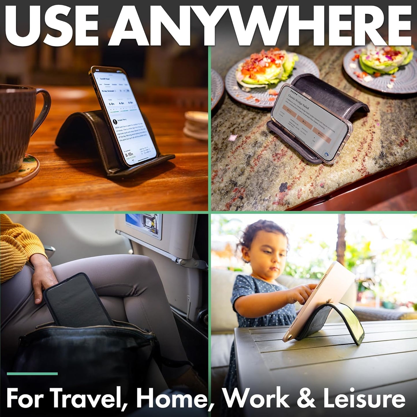 Folden Airplane Phone Holder, Foldable Cell Phone Stand Desk – Flexible Tablet Phone Holder for Bed, Desk, Office, Treadmill – Mobile Stand Phone Accessories, Plane Travel Essentials (Vegan Leather)