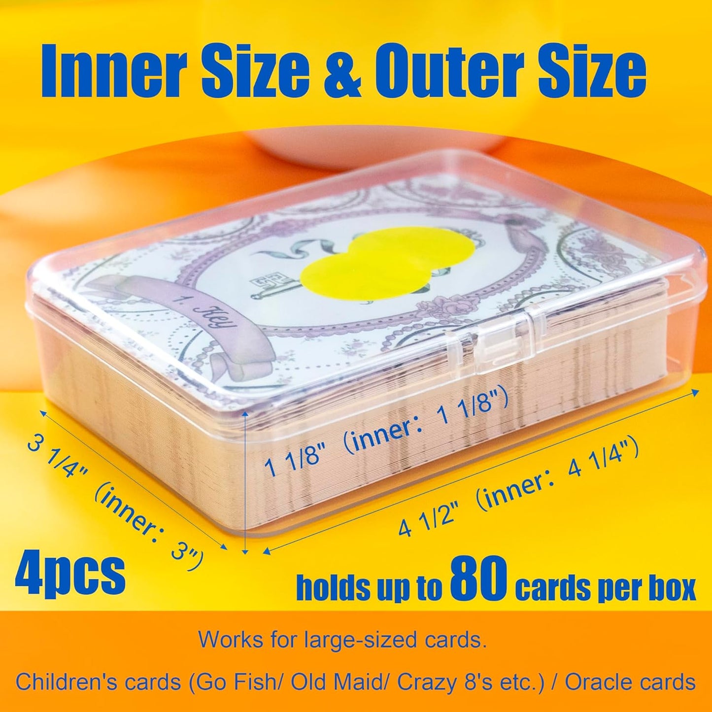4 Pcs [Large Size] Playing Card Case, for Go Fish/Old Maid/Oracle Card/Other Larger Than Standard Size Cards, Plastic Clear Card Deck Box Storage, 4 1/2" × 3 1/4" × 1 1/8" (NO Cards)