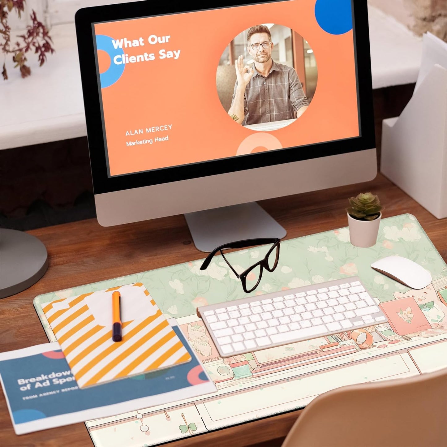 Desk Pad, Kawaii Anime Style Desk Mat, Green Cute Desktop Large Gaming Mouse Pad for Desk, 31.5"x15.7" Extended Big Computer Keyboard Mouse Pad with Non-Slip Base and Stitched Edge