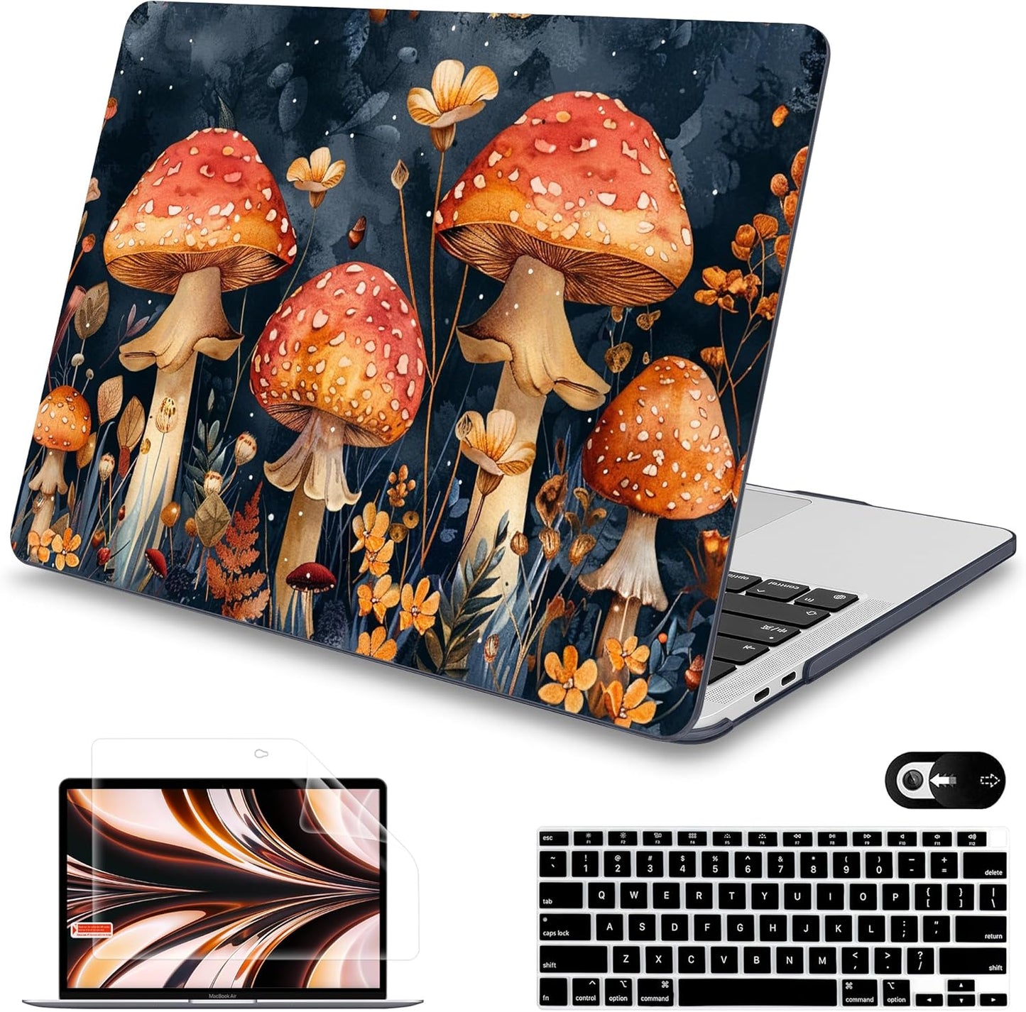Mektron for MacBook Air 13 Case A1466/A1369 (2010-2017 Release), Snap-on Plastic Hard Shell Cover for MacBook Air 13.3 inch with Keyboard Cover, Mushrooms