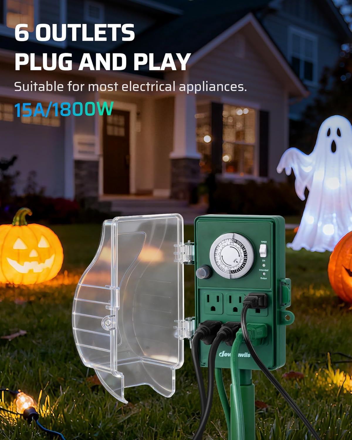 DEWENWILS Heavy Duty Outdoor Power Stake Timer, 24-Hour Mechanical Timer with 6FT Cord, 1800W/15A, Waterproof for Patio Lights, Halloween/Christmas Decorations, ETL Listed