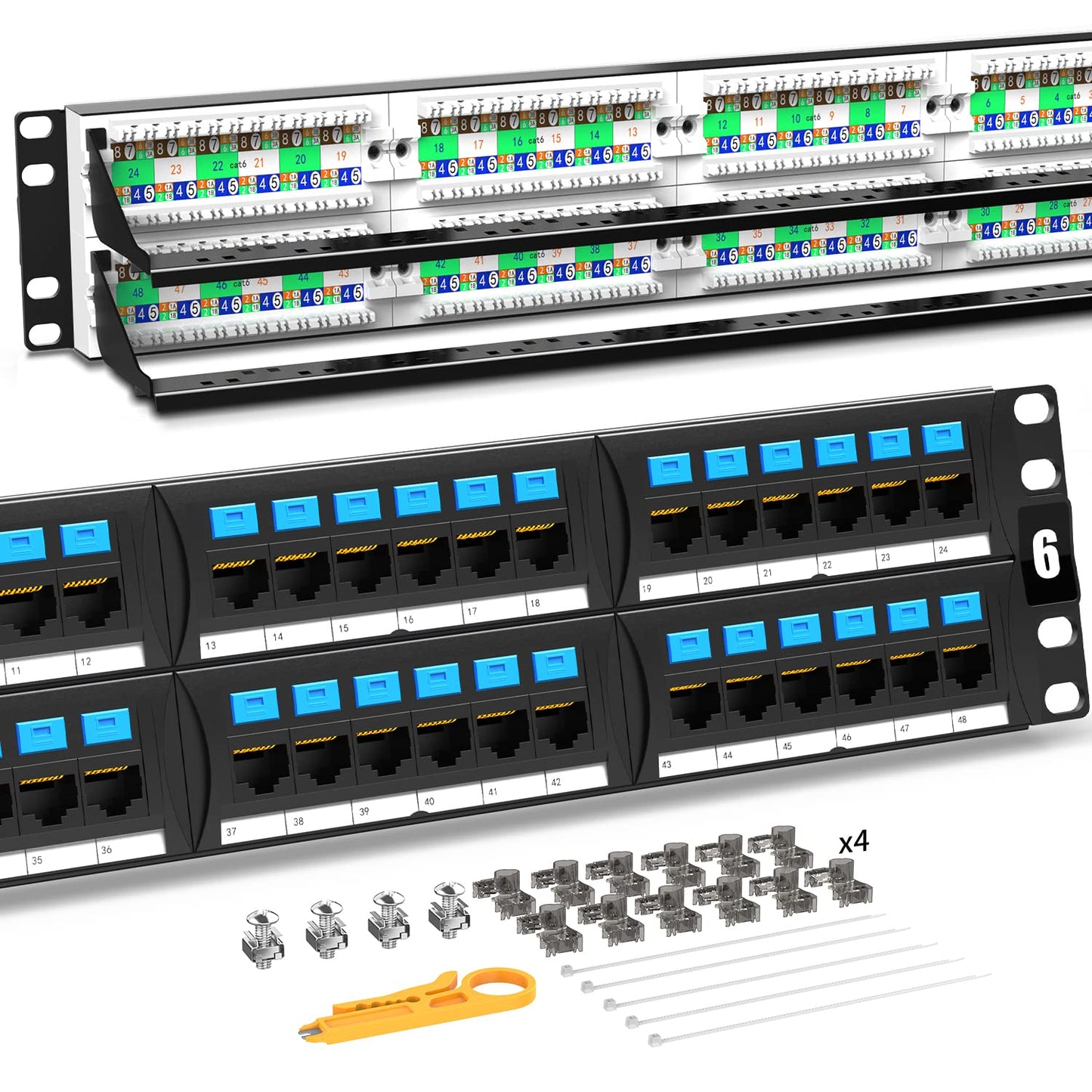 AMPCOM CAT6 48 Ports Patch Panel, Rack Mount - 2U, 19 inch, RJ45 Ethernet 568A 568B, 50u Gold Plated, with Rear Cable Management Bar