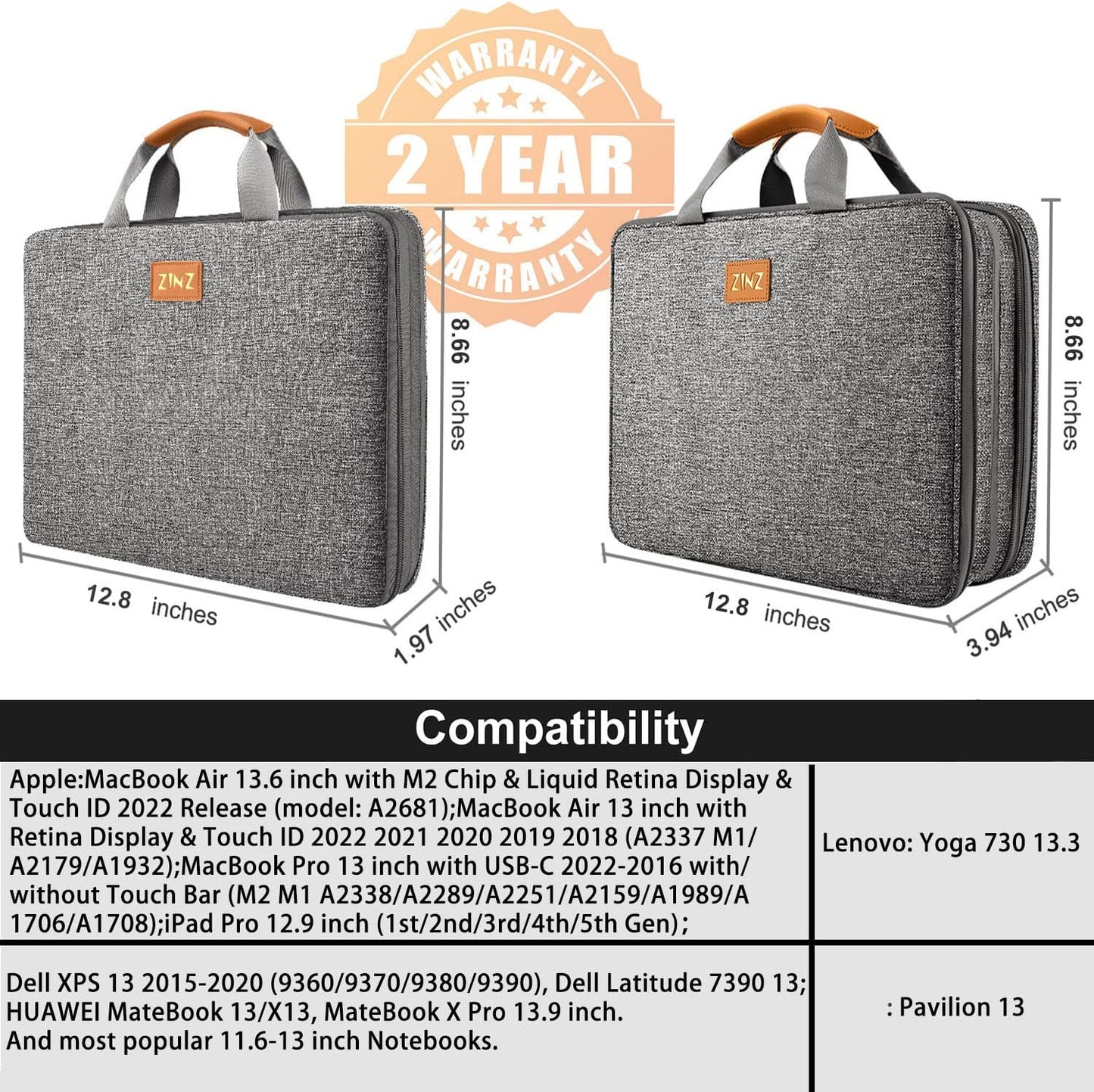 ZINZ Slim Expandable Laptop Case 13 Inch Sleeve Upgraded Protective Durable Recycled Briefcase for 13" MacBook Air/Pro M1/M2, iPad Pro 12,9, Surface Pro 3/4/5/6/2017 12.3",XPS 13,D01G01