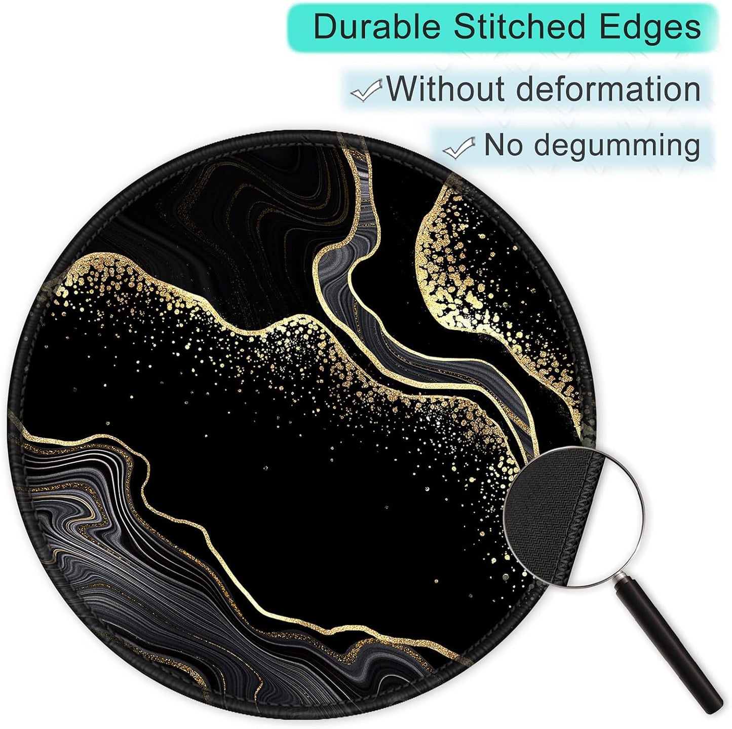 ITNRSIIET Round Mouse Pad with Stitched Edge Premium-Textured Waterproof Non-Slip Rubber Base Desktop Protection Mat Diameter 8.7 inches, Black Gold Marbling