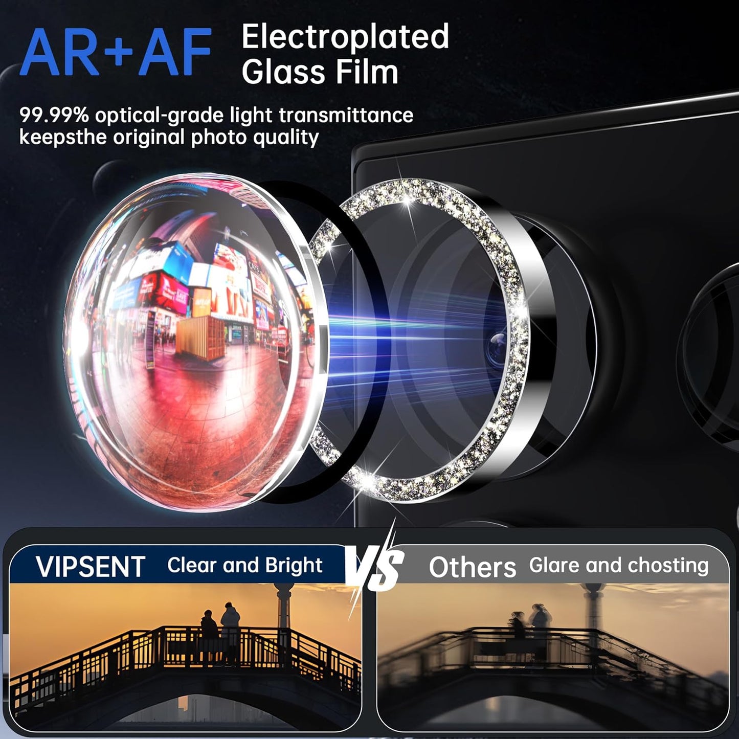 For Samsung Galaxy S23 Ultra Camera Lens Protector, Individual Lens Protector, Ultra HD 9H Tempered Glass Screen Protective Cover, Anti-scratch, Military Grade Drop Protection 2 Set. (Glitter Silver, S23 Ultra)