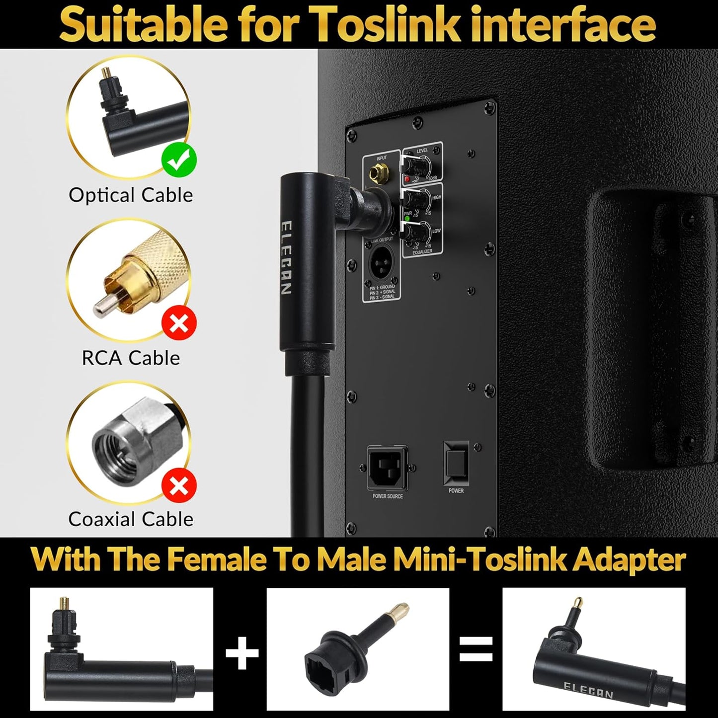 Elecan Optical Audio Cable 4 Ft/2 Pack 90 Degree Angled to Angled Digital Audio Toslink Cable Cord-Fiber Optic-Gold Plated-Flexiable&Durable-for Home Theater,Sound Bar,PS4&Xbox with Adapters+Ties