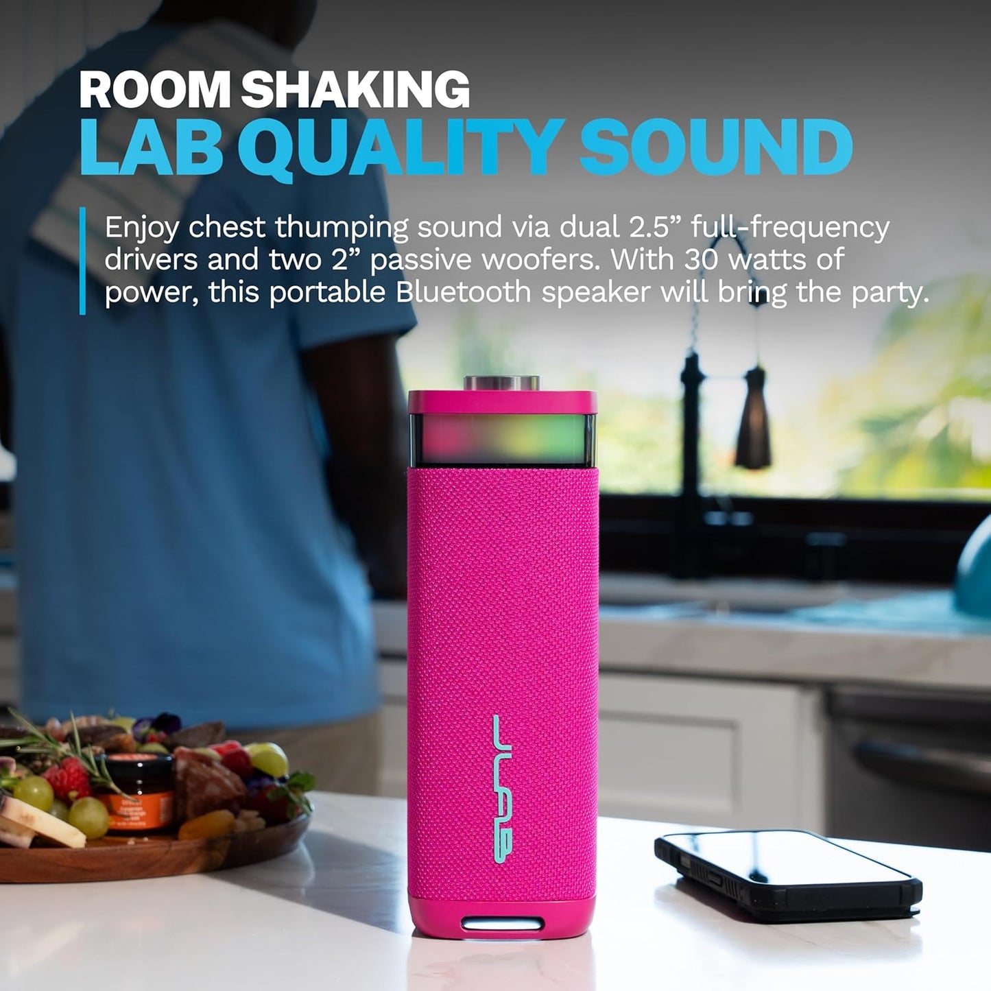 JLab JBuds Party Portable Bluetooth Speaker, 2 Full-Range Drivers + 2 Passive Woofers, IP56 Waterproof, 12 Hours Playtime, Connect Multiple Speakers, Custom Sound + RGB Lighting via App, Pink