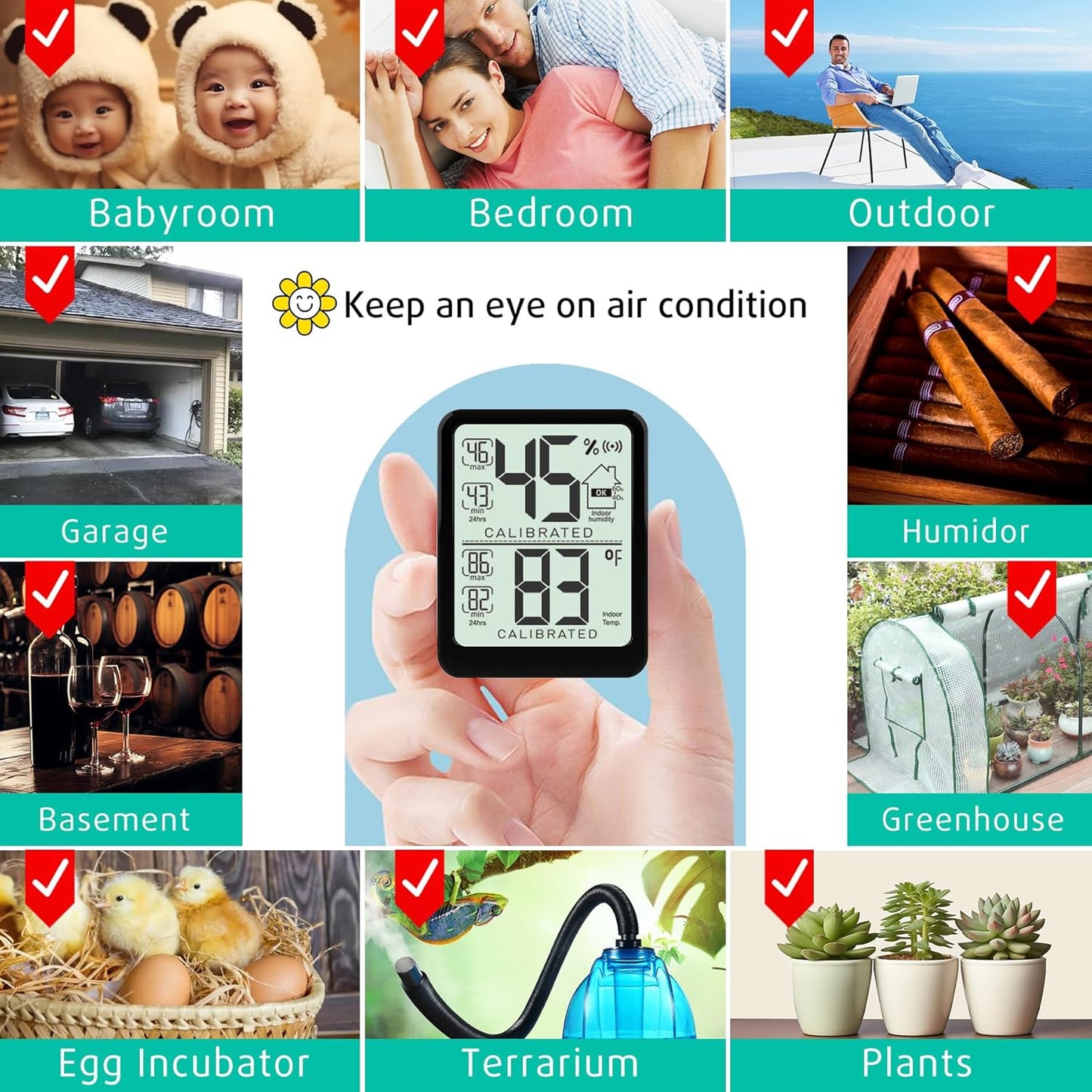 Antonki Room Thermometer, Digital Small Hygrometer Indoor Thermometer Humidity Gauge, Temperature Humidity Meter with Max/Min Record Monitor Sensor for Home, Plants - Battery Included