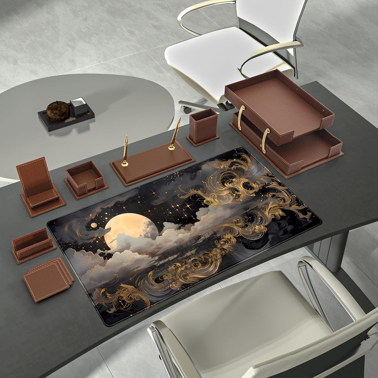 Golden Moon Desk Pad Black Desk Mat XXL Mouse Gaming Pads, Starry Sky Keyboard Pads Extra Large Desktop Computer Mats with Non-Slip Base & Stitched Edges, Vintage Office Decor 31.5" x 15.7"