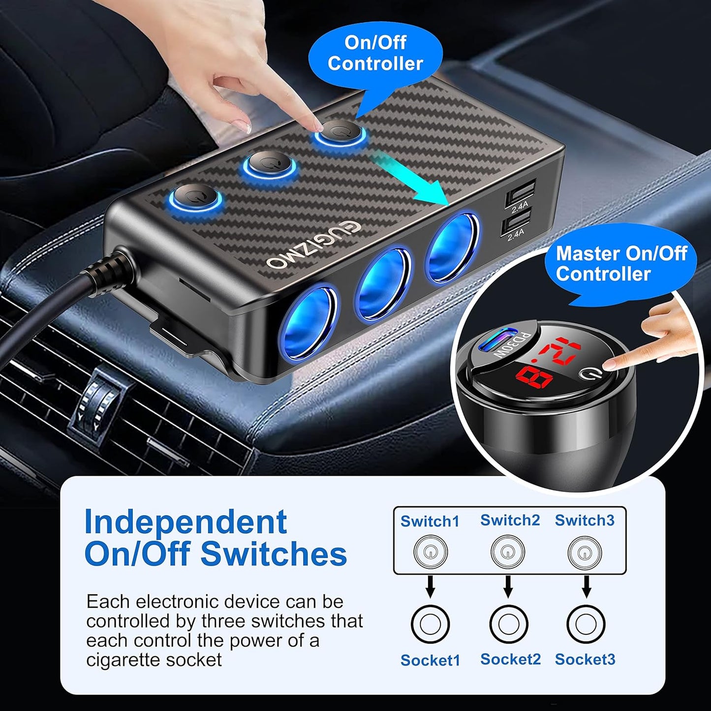 Cigarette Lighter Adapter, 222W 3 Socket Car Cigarette Lighter Plug USB Charger Multi Port 12V Car Plug Outlet Splitter with LED Voltage Display Independent Switches