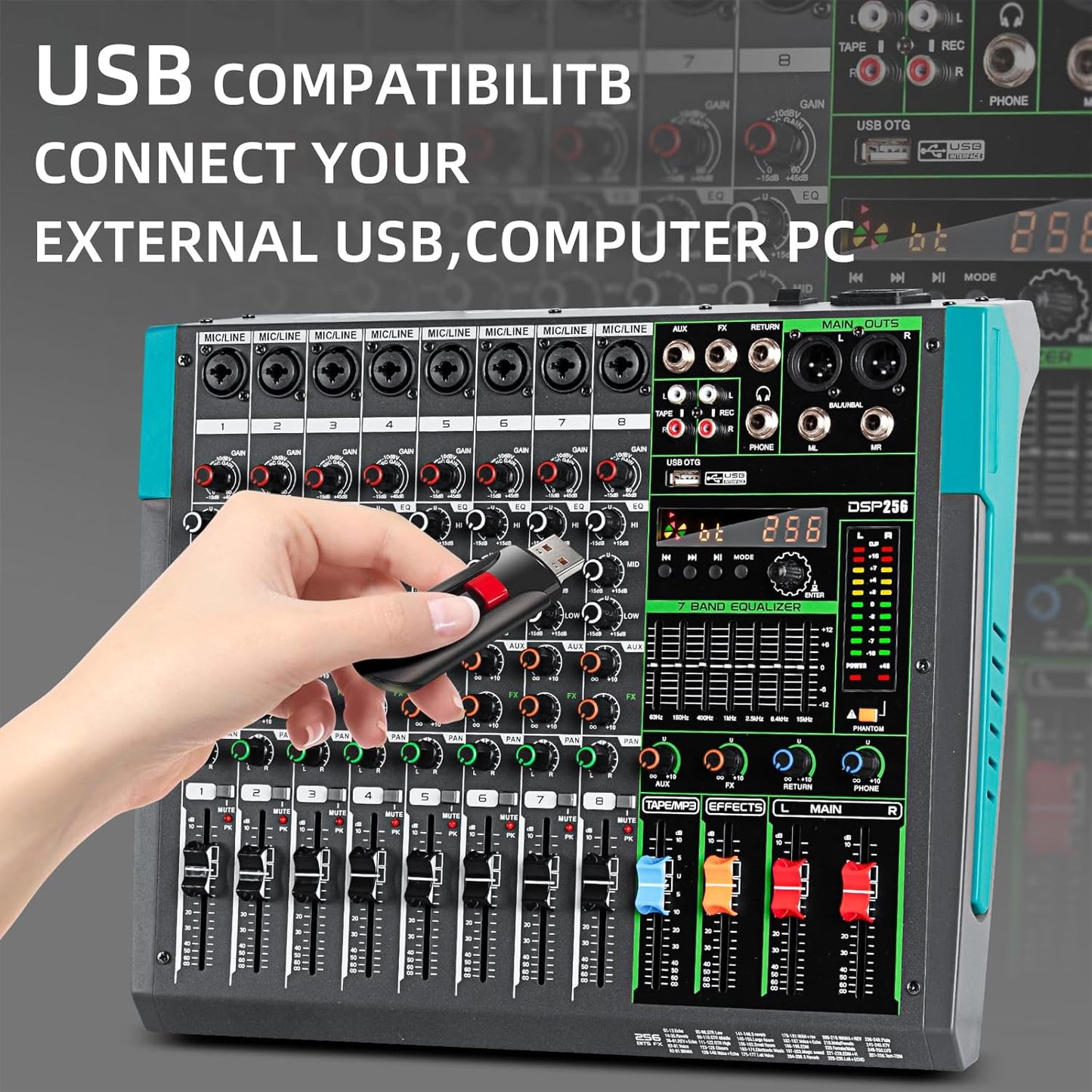 Depusheng PA8 Professional Audio Mixer Sound Board Console Desk System Interface 8 Channel Digital USB Bluetooth MP3 Computer Input 48V Phantom Power Built-in 256 Reverb Effect, Black