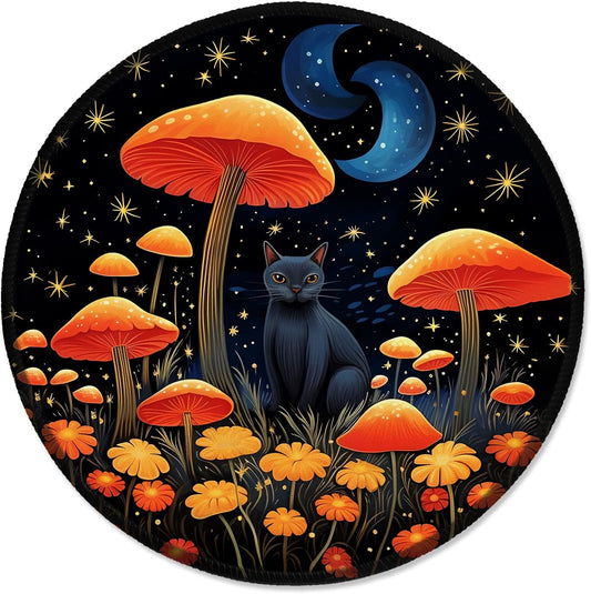 ITNRSIIET Round Mouse Pad with Stitched Edge Premium-Textured Waterproof Non-Slip Rubber Base Desktop Protection Mat Diameter 8.7 inches, Cat and Mushroom