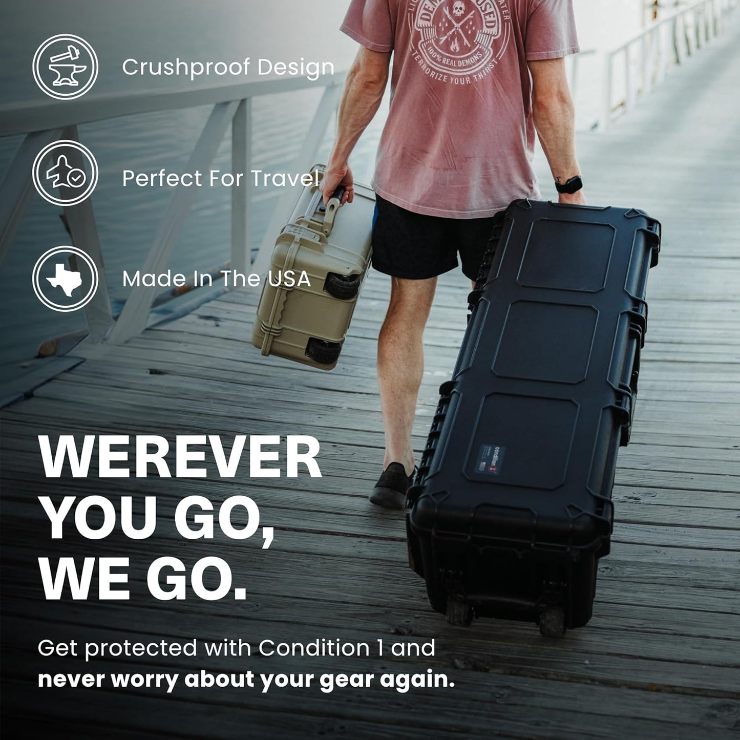 Condition 1 45" Long Hard Shell Carrying Case Model 2191 with Wheels, Waterproof, Protective, Storage for Music Equipment, Camera, Travel Case, Made in USA, 44.52"x16.30"x12.90" Black