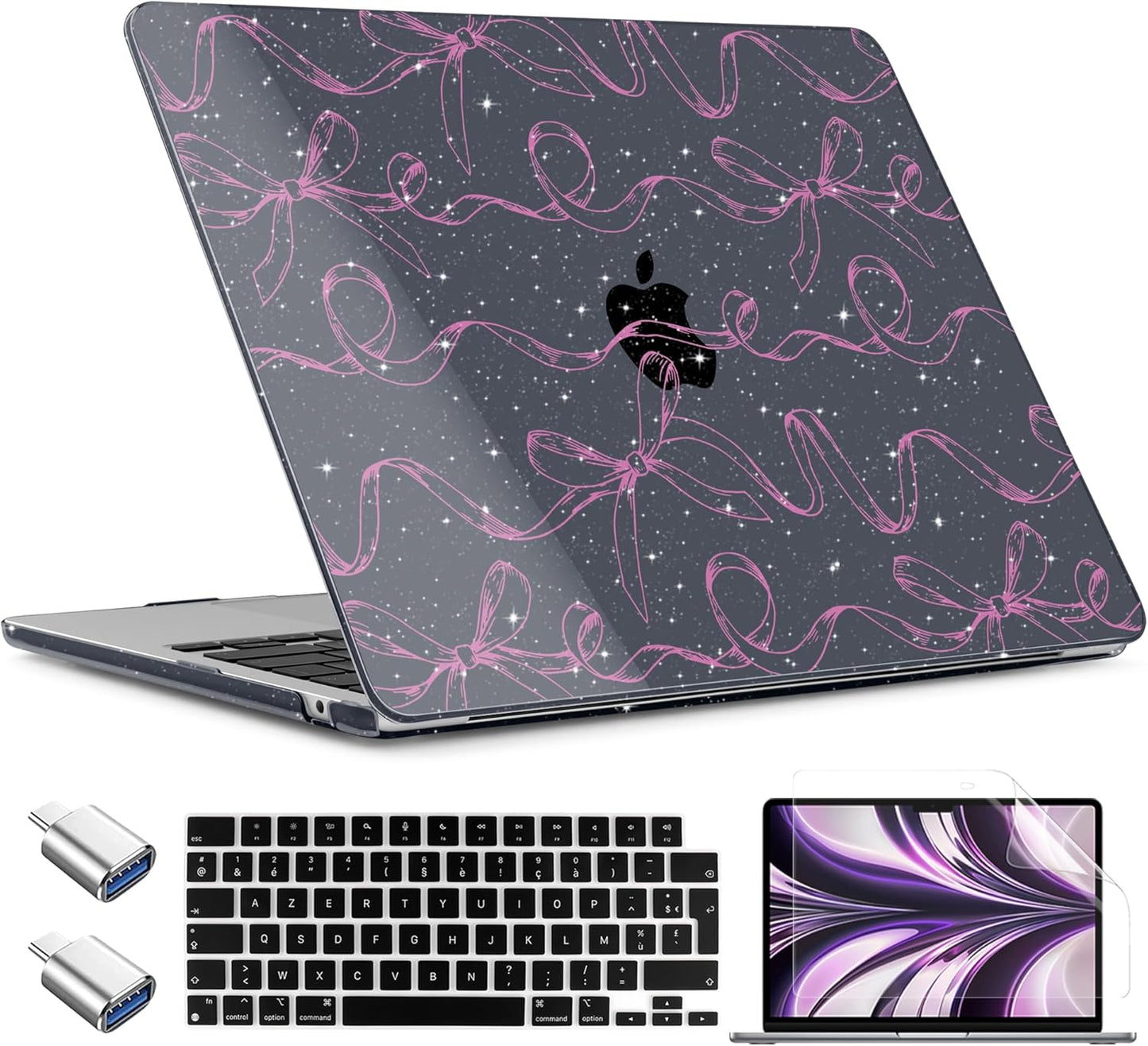 TWOLSKOO Compatible with M4 MacBook Air 13.6 inch Case 2025-2022 Release M4 A3240 M3 A3113 M2 A2681, Plastic Hard Shell & Keyboard Cover & Type C Adapter & Screen Protector, Sparkly Bows