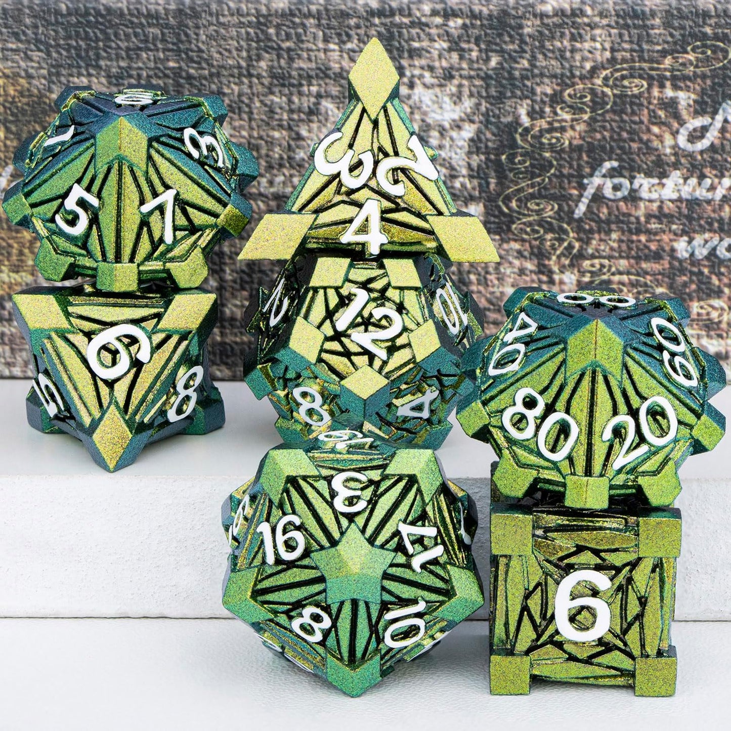7PCS Metal DND Dice Set with Box, Debris RPG Green Yellow D and D Dice for use with D&D Tabletop Games Role Playing Game Polyhedral Dice Set D20 D12 D10 D8 D6 D4