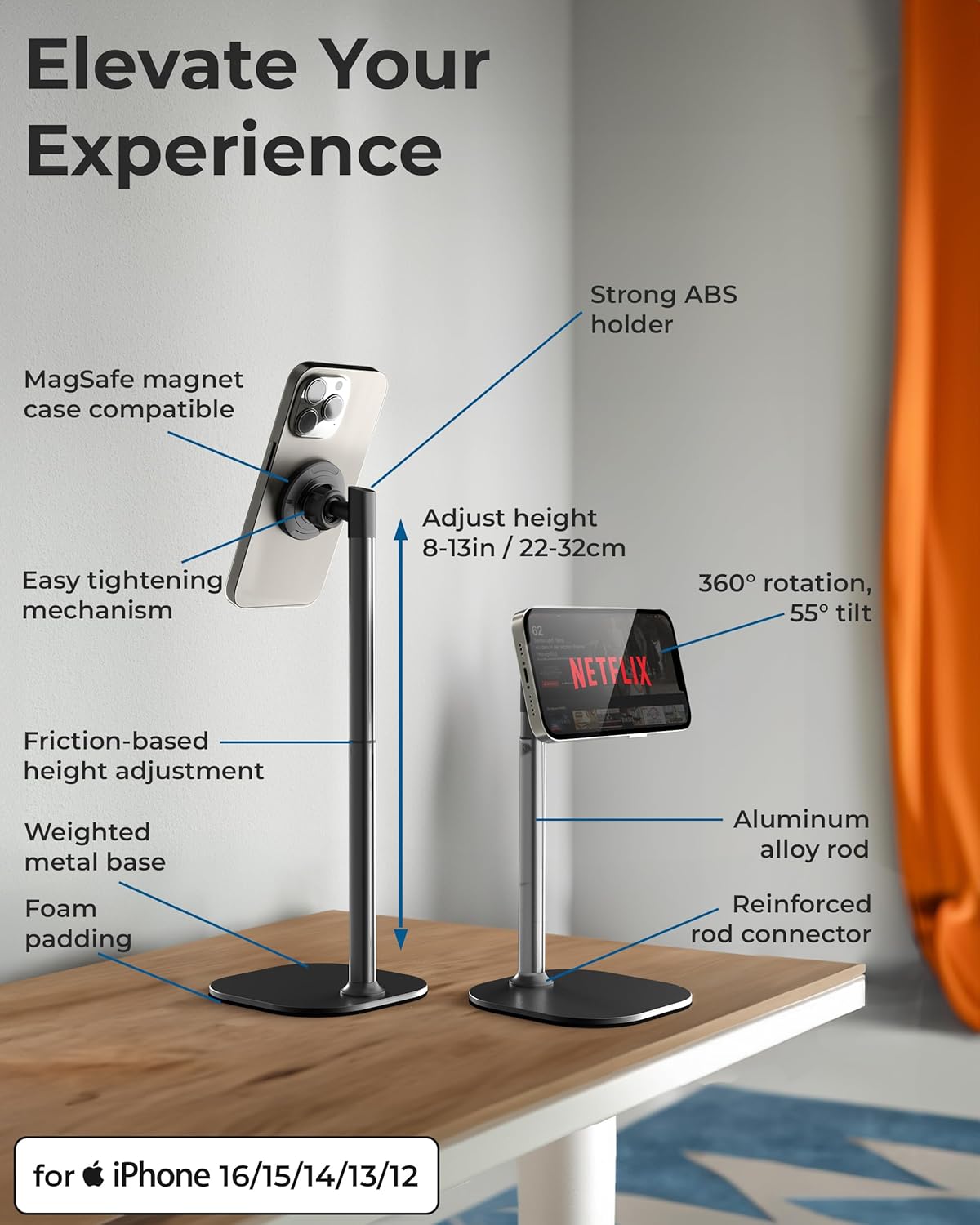 Cooper MagStand - Adjustable Magnetic iPhone Stand for Desk & Phone Holder for Video Recording, Compatible with MagSafe, Stand for iPhone 16 Pro Max, 15/14/13/12, Small Mag Safe Tripod (Night Black)