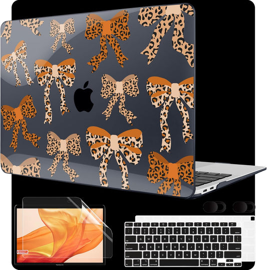 MEEgoodo for MacBook Air 13 inch Case 2021 2020 2019 2018 A2337 M1 A2179 A1932 with Touch ID, Plastic Hard Shell & Keyboard Cover Compatible with MacBook Air Case 13.3,Ribbon Bow with Leopard Skin