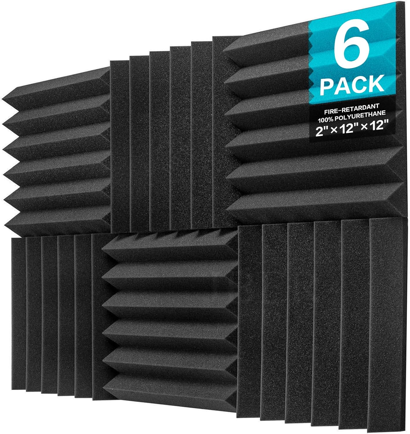 JBER 6 Pack Acoustic Foam Wedge, 2" X 12" X 12" Studio Soundproofing Panels Fire Resistant Sound Proof Padding Acoustic Treatment Foam (6 Square Feet, Charcoal)