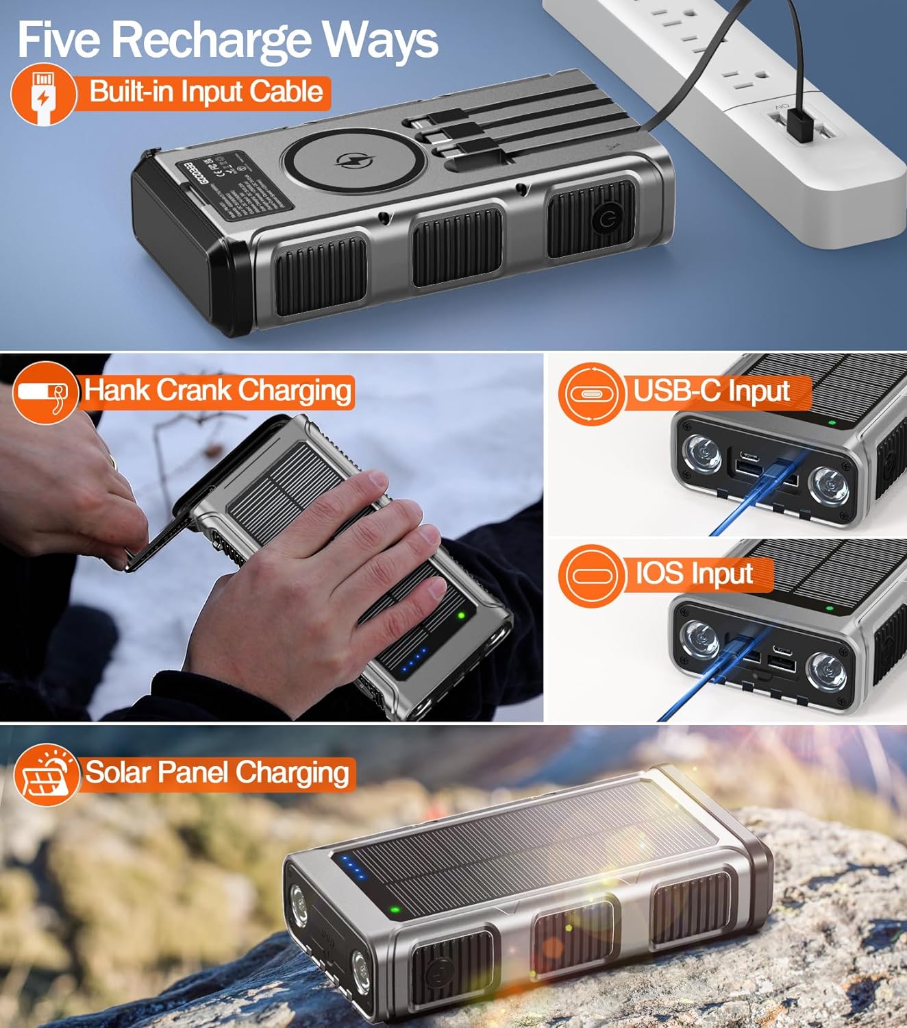 GOODaaa Power Bank Wireless Charger 45800mAh Built in Hand Crank and 4 Cables 15W Fast Charging Power Bank 7 Outputs & 4 Inputs Solar Portable Charger, SOS/Strobe/Strong Flashlights, Compass