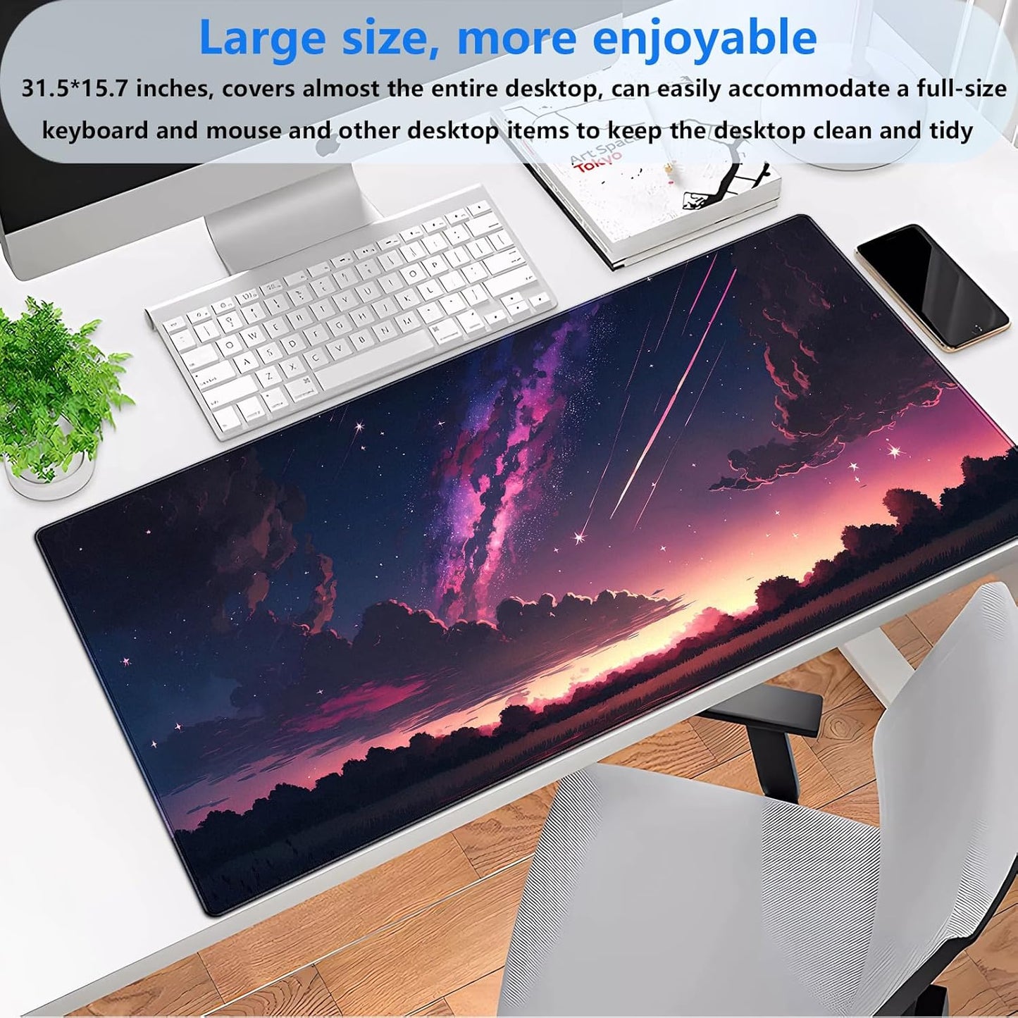 Anime Aesthetic Purple Galaxy Cloud Mouse Pad XXL Extended Gaming Desk Mat 31.5x15.7 Inch for Laptop, Keyboard & Mouse, Office Computer Desk Decor