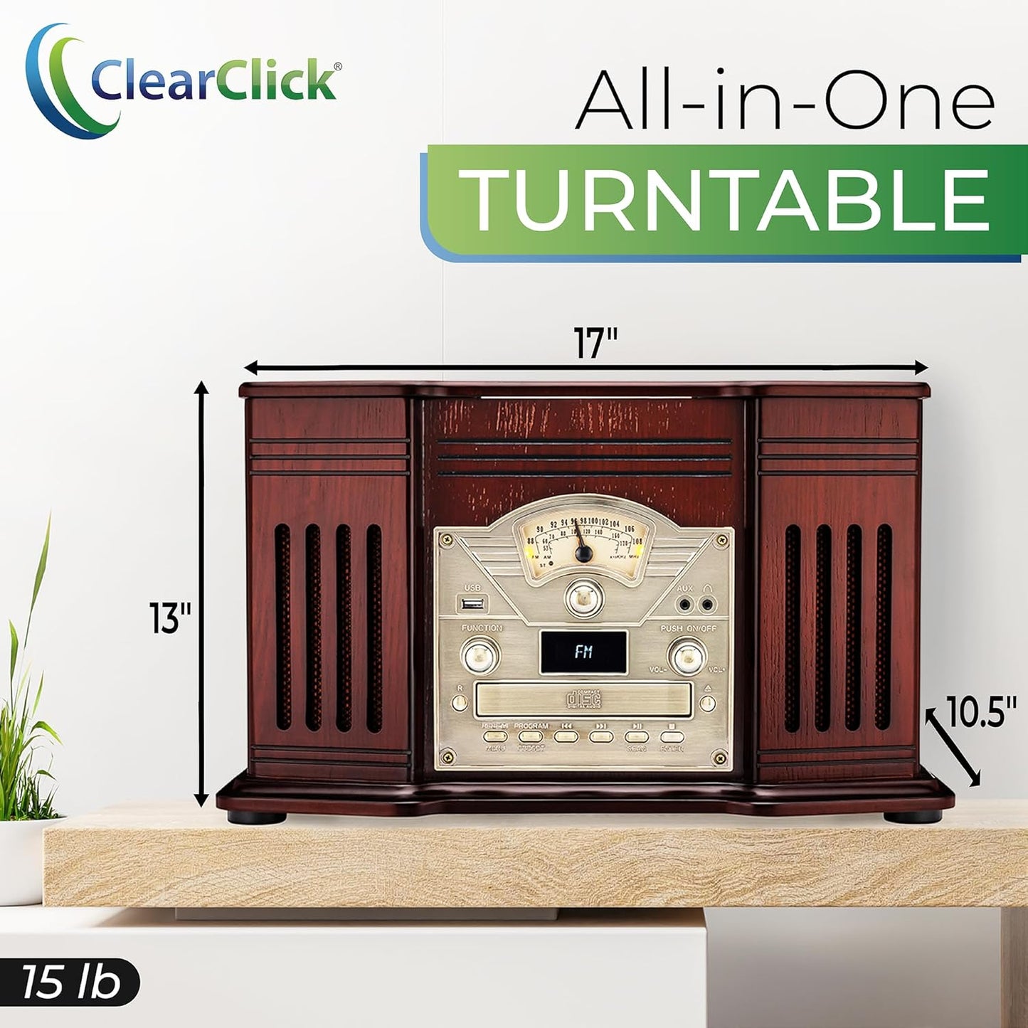 ClearClick All-in-One Turntable with 3-Speed Record Player, Bluetooth, CD, Cassette Tape, AM/FM Radio, Aux, USB, Built-in Speakers, Handmade Wooden Exterior